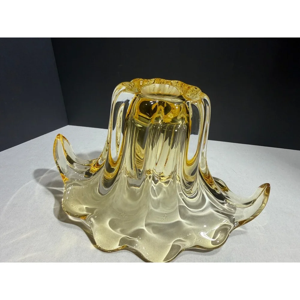 Vintage Murano Style Amber Yellow Sommerso Art Glass Flared Ribbed Vase